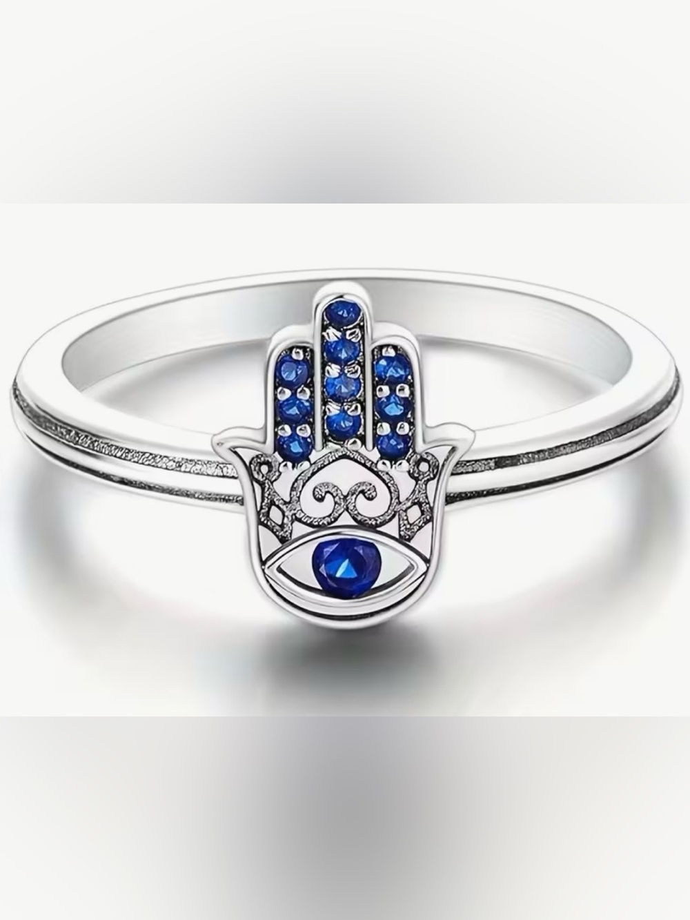 Sterling Silver 925 Blue Hamsa Evil Eye Ring Sparkle-NEW